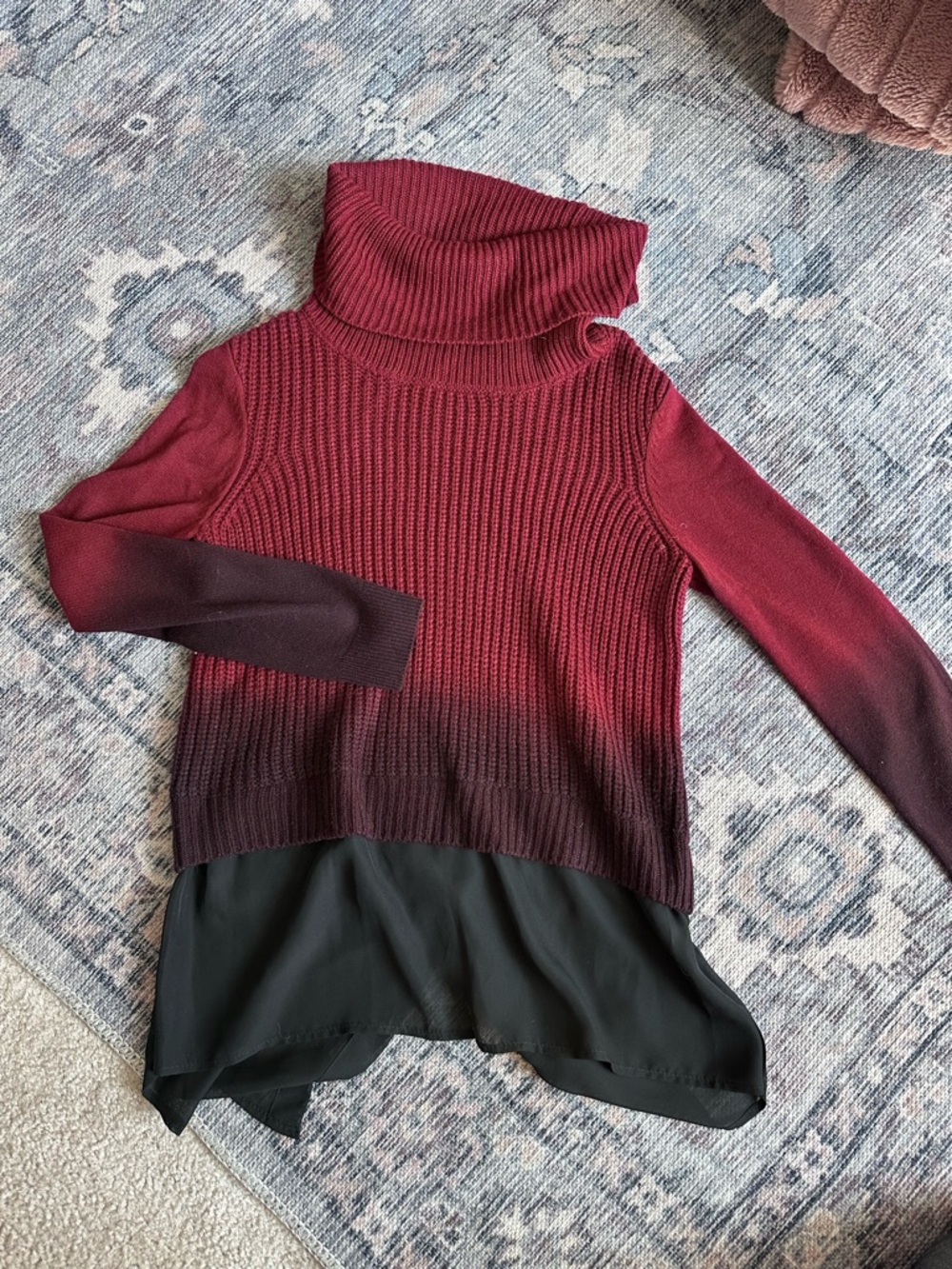 Rock & Republic Ombre Red to Wine Turtleneck Sweater with Black Chiffon Hem